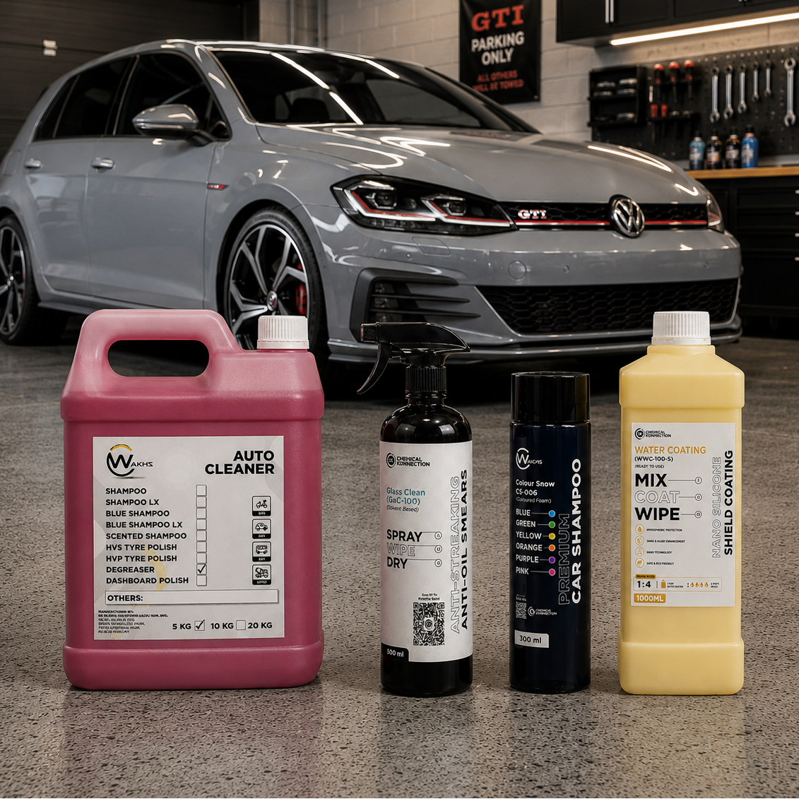 Car care products in front of a moonstone GTI car in a garage.