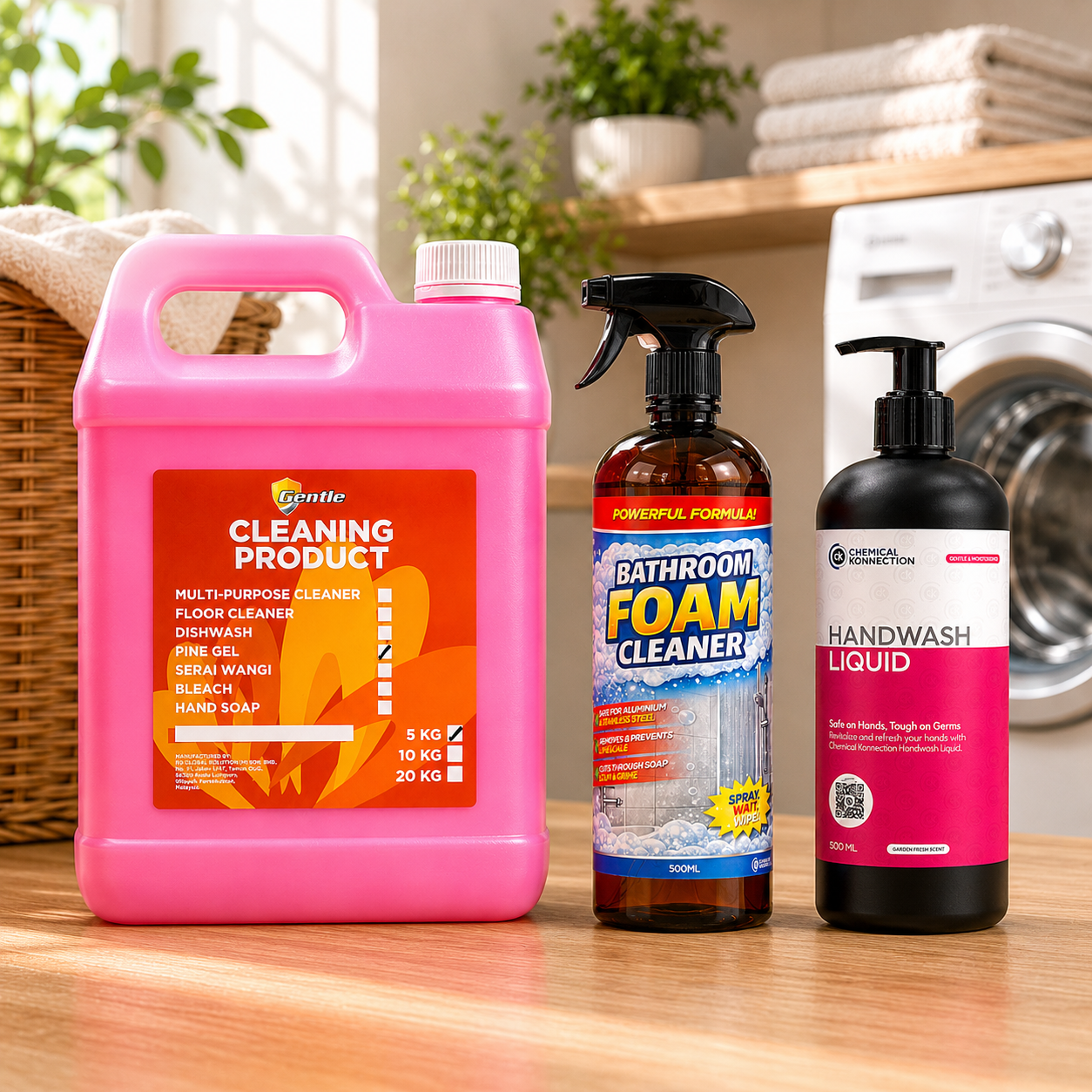 Three cleaning products on a wooden surface with a laundry background